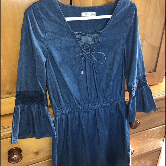 DEX denim jean dress crochet Bohemian romantic feminine gypsy small hippie - Picture 13 of 15